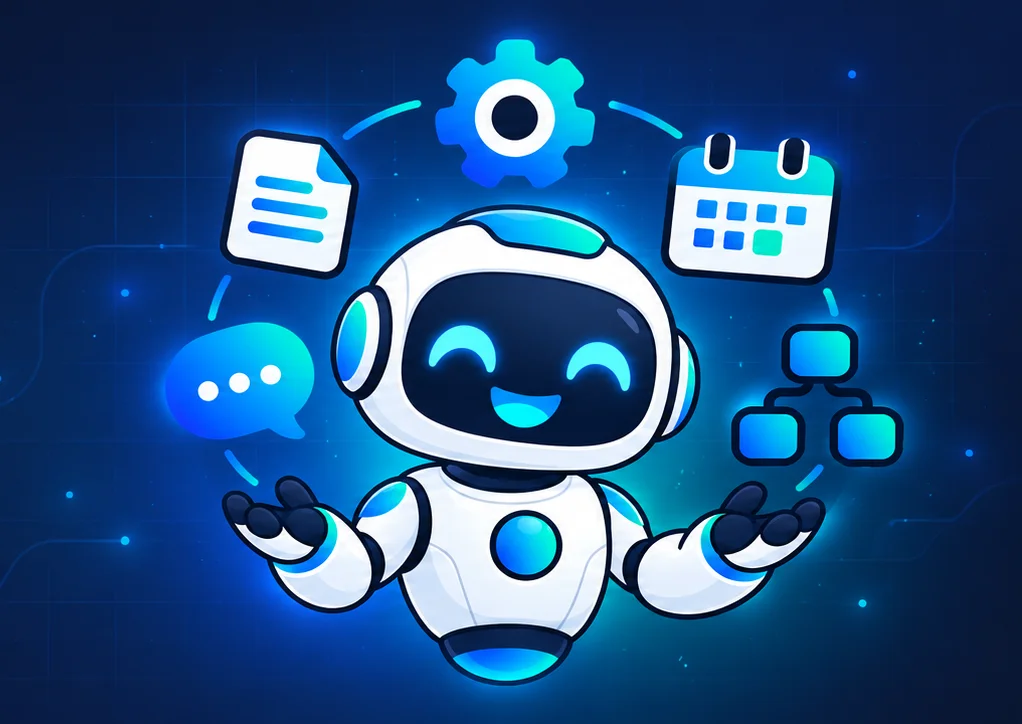 La mascotte de Jarvis42, un robot souriant qui jongle avec des documents, un agenda, des engrenages et des workflows.